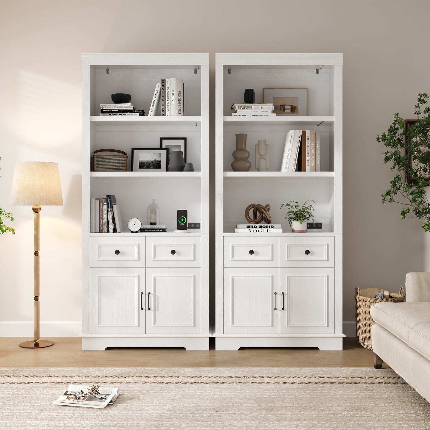 Negylim 71” Tall Lighted Coffee Bar Cabinet, Farmhouse White Pantry Storage Hutch with Built-in LED Strip Lights, 3 Open Display Shelves, 2 Pull-Out Drawers & Closed Storage Cupboard