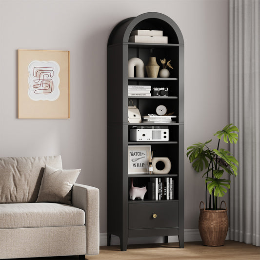 71" Tall Arched Storage Cabinet with Doors & Shelves – Multi-Purpose Pantry Cabinet for Kitchen, Bathroom, Living Room, Bedroom, Entryway & Office (Black)