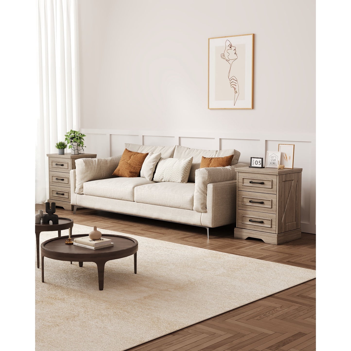 NEGYLIM 2-Piece Nightstand, Farmhouse End Table with Charging Station, 3 Drawers Storage for Bedroom