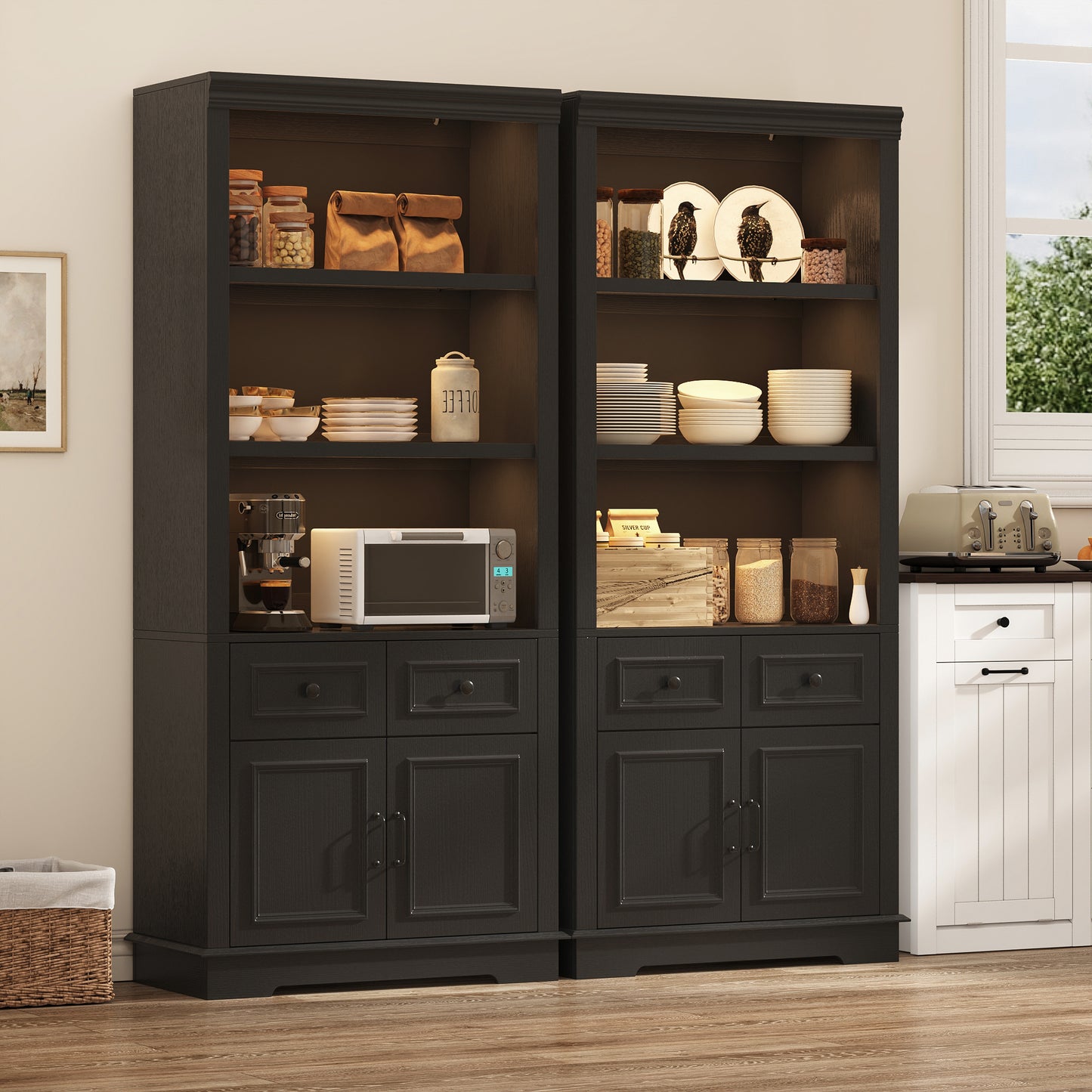 Negylim 71” Tall Lighted Coffee Bar Cabinet, Farmhouse Pantry Storage Hutch with Built-in LED Strip Lights, 3 Open Display Shelves, 2 Pull-Out Drawers & Closed Storage Cupboard, Black
