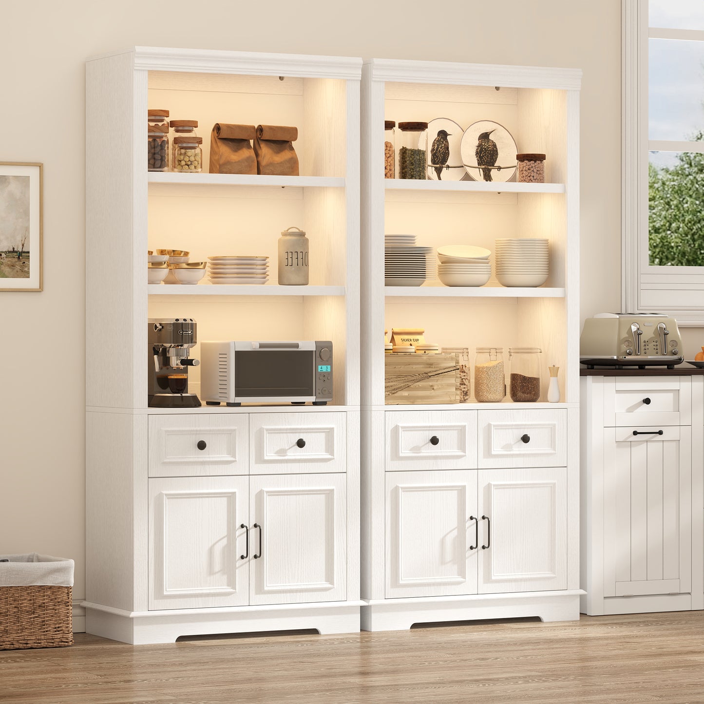 Negylim 71” Tall Lighted Coffee Bar Cabinet, Farmhouse White Pantry Storage Hutch with Built-in LED Strip Lights, 3 Open Display Shelves, 2 Pull-Out Drawers & Closed Storage Cupboard