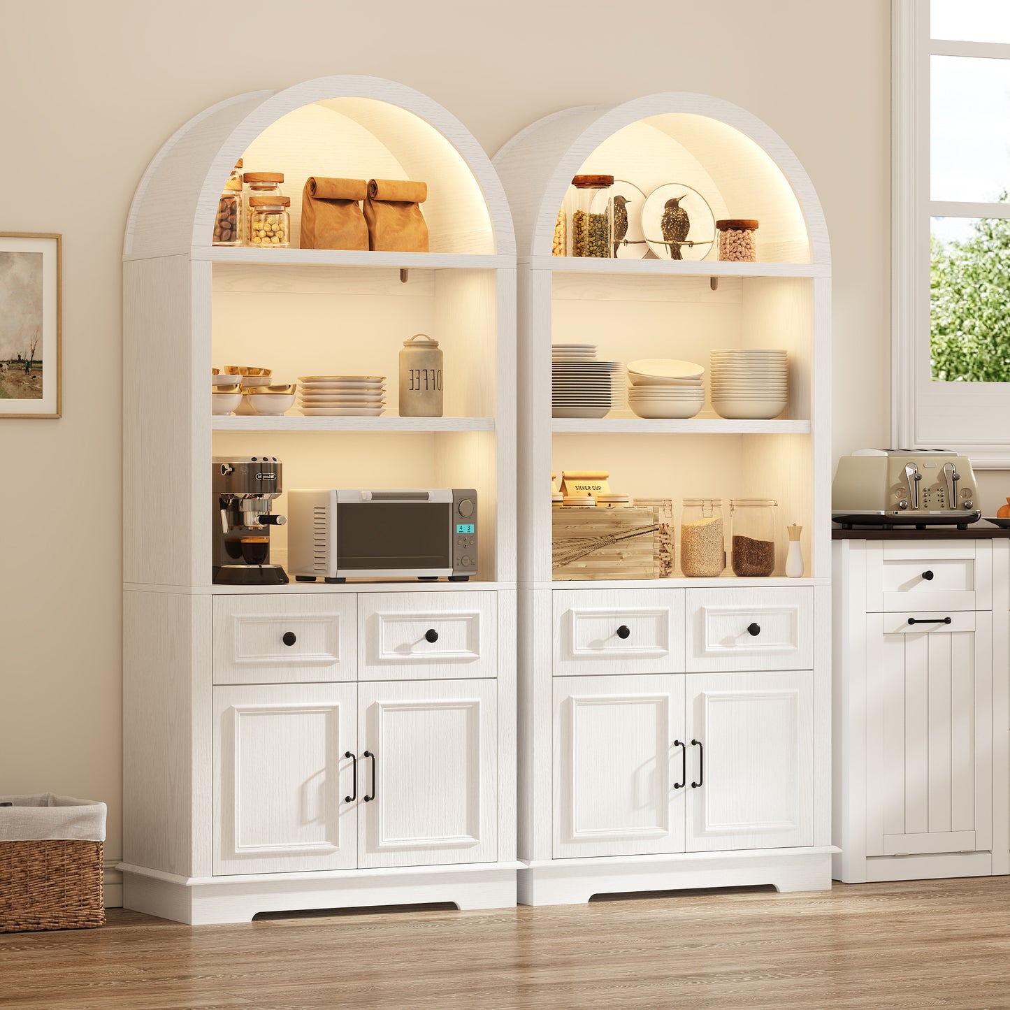 Negylim White Arched Display Coffee Station Cabinet with LED Lights, Freestanding Wooden Storage Unit with Open Shelving, Drawers & Enclosed Cabinet for Kitchen & Living Room Beverage Organizer