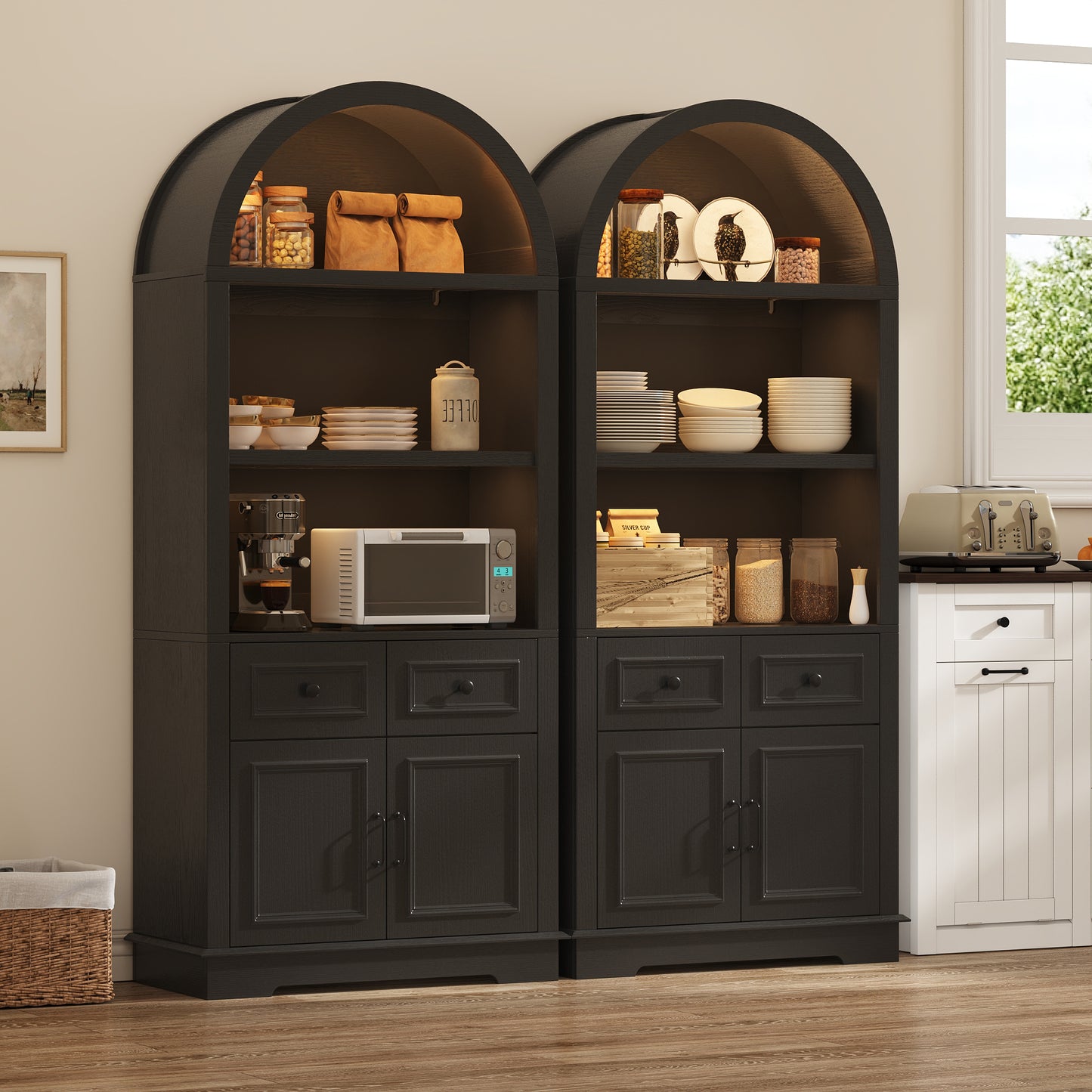 Negylim Arched Top Coffee Bar Cabinet with LED Lights, Wooden Freestanding Beverage Storage Hutch with Open Shelves, 2 Drawers & Closed Cupboard for Kitchen Living Room Home Coffee Station, Black