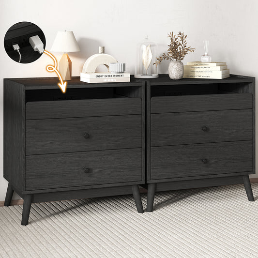 NEGYLIM 3-Drawer Nightstand with Hidden Charging Station, Wood Bedside Table 25" Height x 24" Width, Bedroom Furniture End Table, Black 2-Pcs