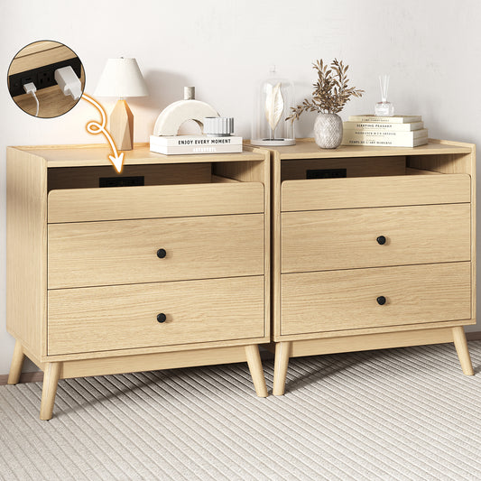 NEGYLIM 3-Drawer Nightstand with Hidden Charging Station, Wood Bedside Table 25" Height x 24" Width, Bedroom Furniture End Table, 2-Pcs