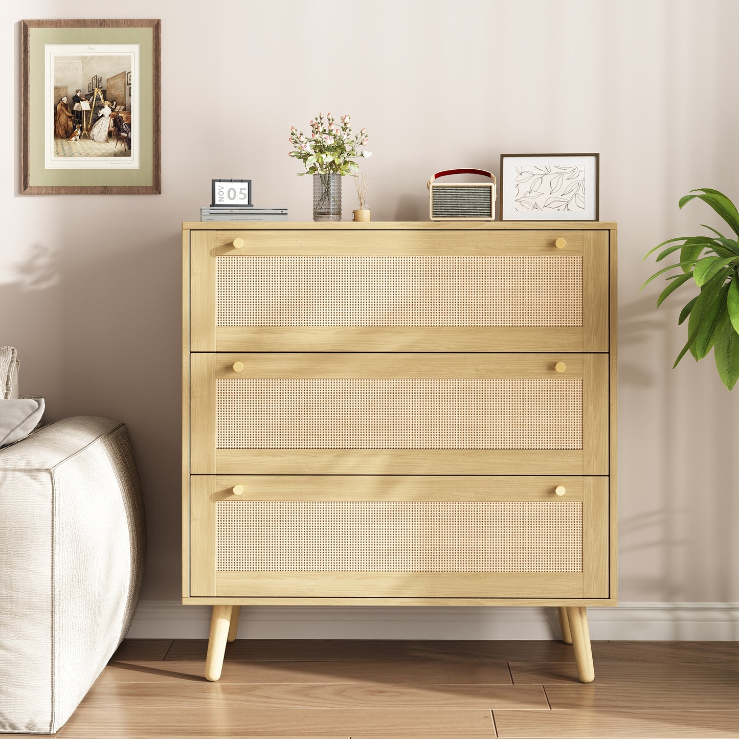 Wood Color Dresser for Bedroom, Farmhouse Rattan Dressers, 3 Drawers Dressers Chest for Bedroom Hallway Living Room