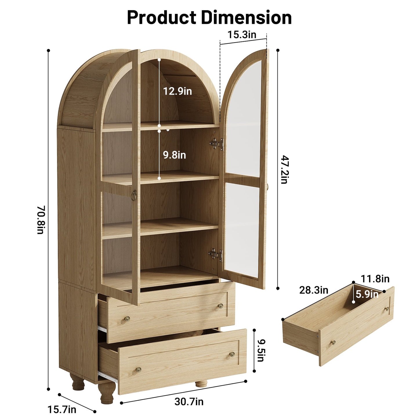 71'' Arched Kitchen Pantry Cabinet & Display Cabinet with Glass Doors, 4 Shelves, 2 Drawers, Solid Wood Legs, Suitable for Kitchen, Bedroom and Living Room, for Easy Storage