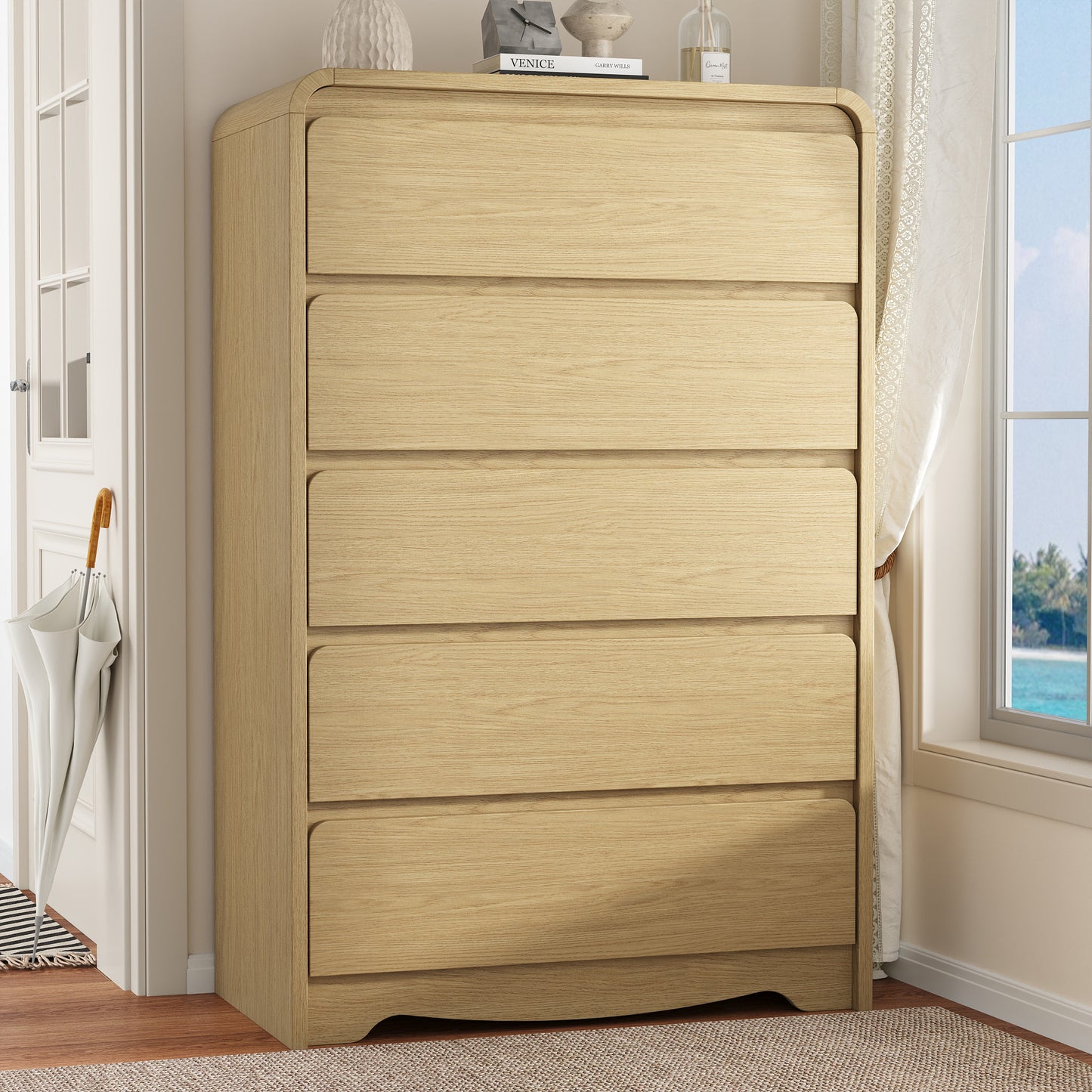 5 Drawer Tall Dresser – Modern White Chest of Drawers with Anti-Tip, Space-Saving Storage for Bedroom, Hallway, Entryway (Natural)