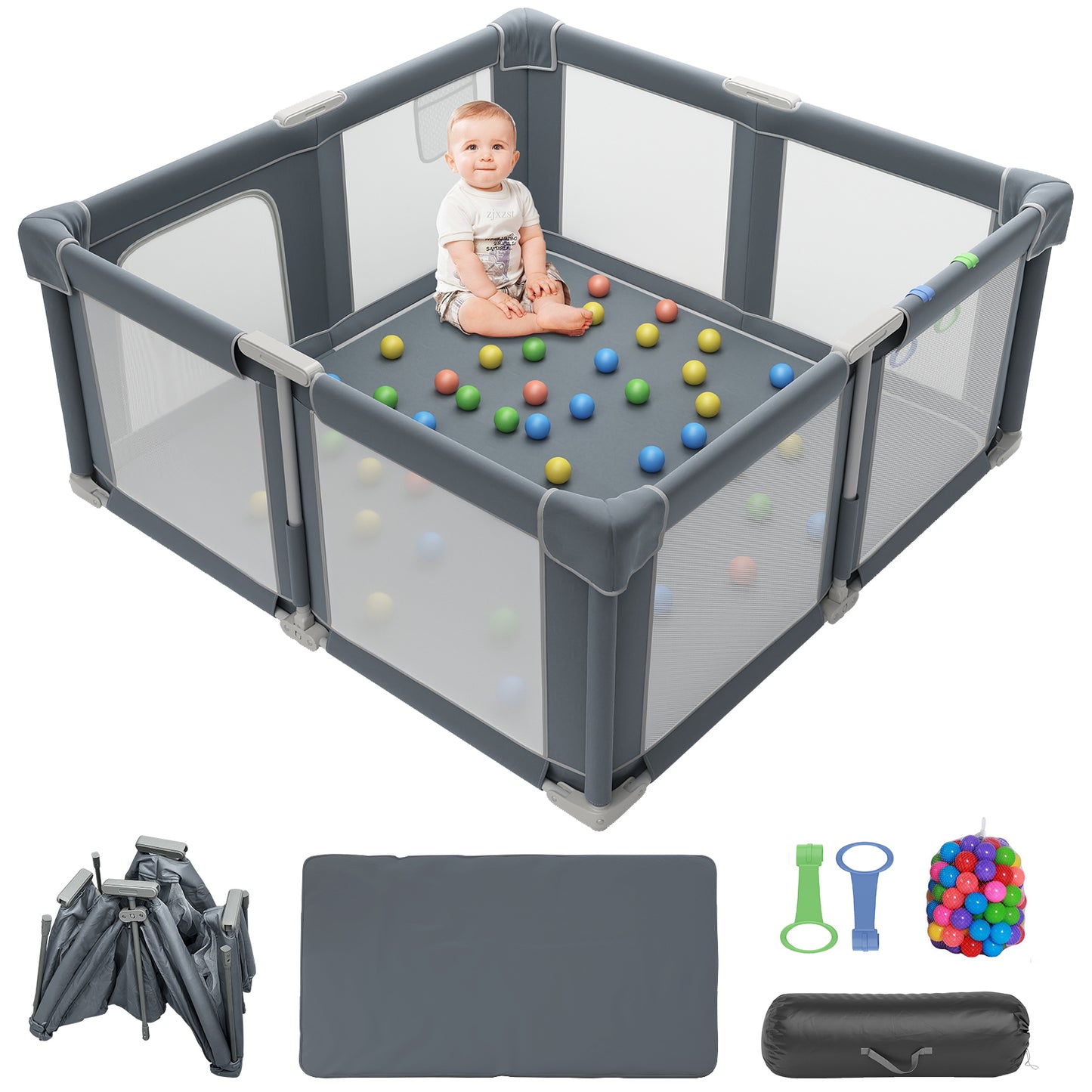 Baby Playpen 51" x 51", Play Pens for Babies and Toddlers Baby Fence Play Yards for Indoor & Outdoor with Breathable Mesh Anti-Fall Playpen, Gray