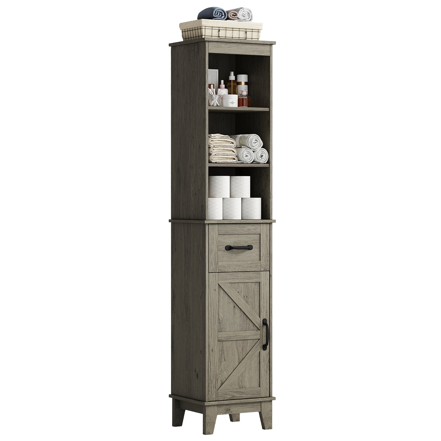 63” Tall Bathroom Storage Cabinet, Freestanding Linen Cabinet, Narrow Bathroom Storage with Barn Door and Drawer, Gray