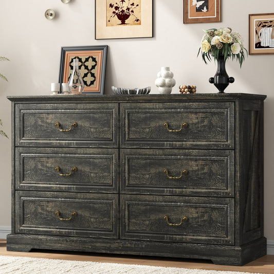 NEGYLIM 6 Drawer Dresser for Bedroom Farmhouse Chest of Drawers Retro Storage Cabinet with Vintage Handles Large Capacity Dresser for Living Room,Closet,Hallway(Dark Rustic Oak)