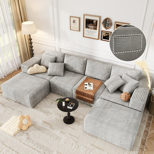 137 inch U-Shaped Sectional Sofa, Cloud-Like Big Modular Couch with Chaise, No Assembly Required, High Density Foam Never Sags, Soft Corduroy Fabric Sofa for Large Space, (White)