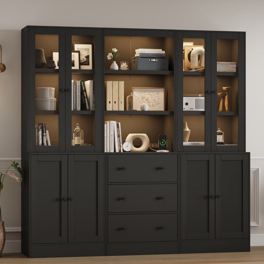 3Pcs 71" Bookshelf with Storage, Modern Bookshelves with 3 Large Drawer, Display Bookcase with Glass Doors, Modern DIY Mix Cabinet for Home Office, Dining Room (Black, BAB)