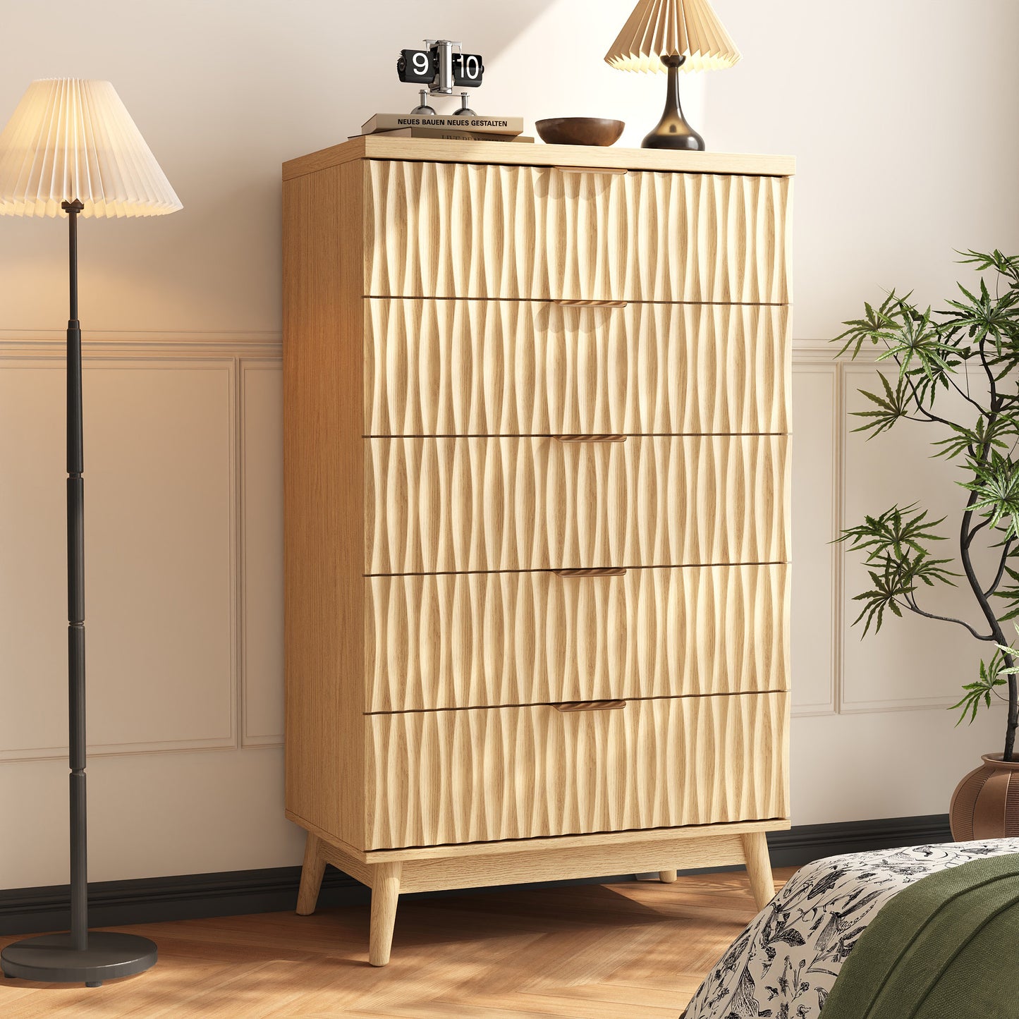 47" Tall 5 Fluted Drawer Dresser, Solid Wood Chest of Drawers with Glossy Handle, Storage Cabinet for Bedroom, Living Room, Entryway