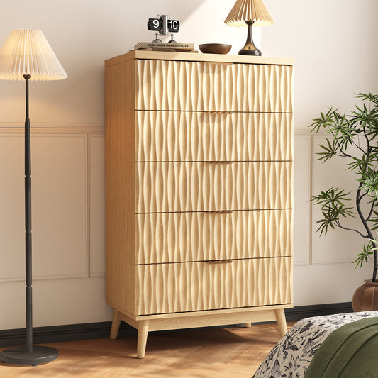 NEGYLIM 5 Drawer Dresser for Bedroom, 47"H Fluted Dresser Modern Chest of Drawers with Metal Handle, Anti-collapse for Living Room, Hallway,Wood