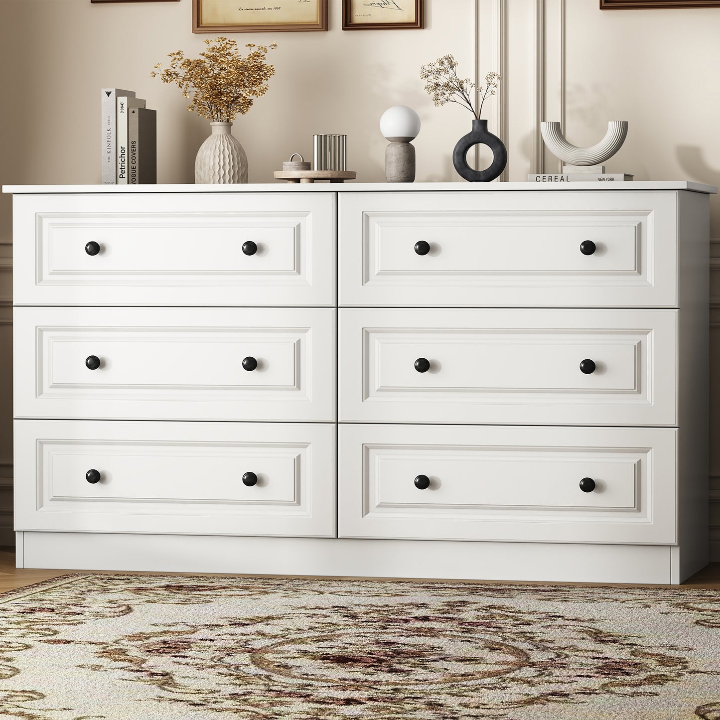 NEGYLIM 6-Drawer White Dresser, 47-inch Wide Chest for Bedroom Storage, Farmhouse Style with Anti-Tip Safety