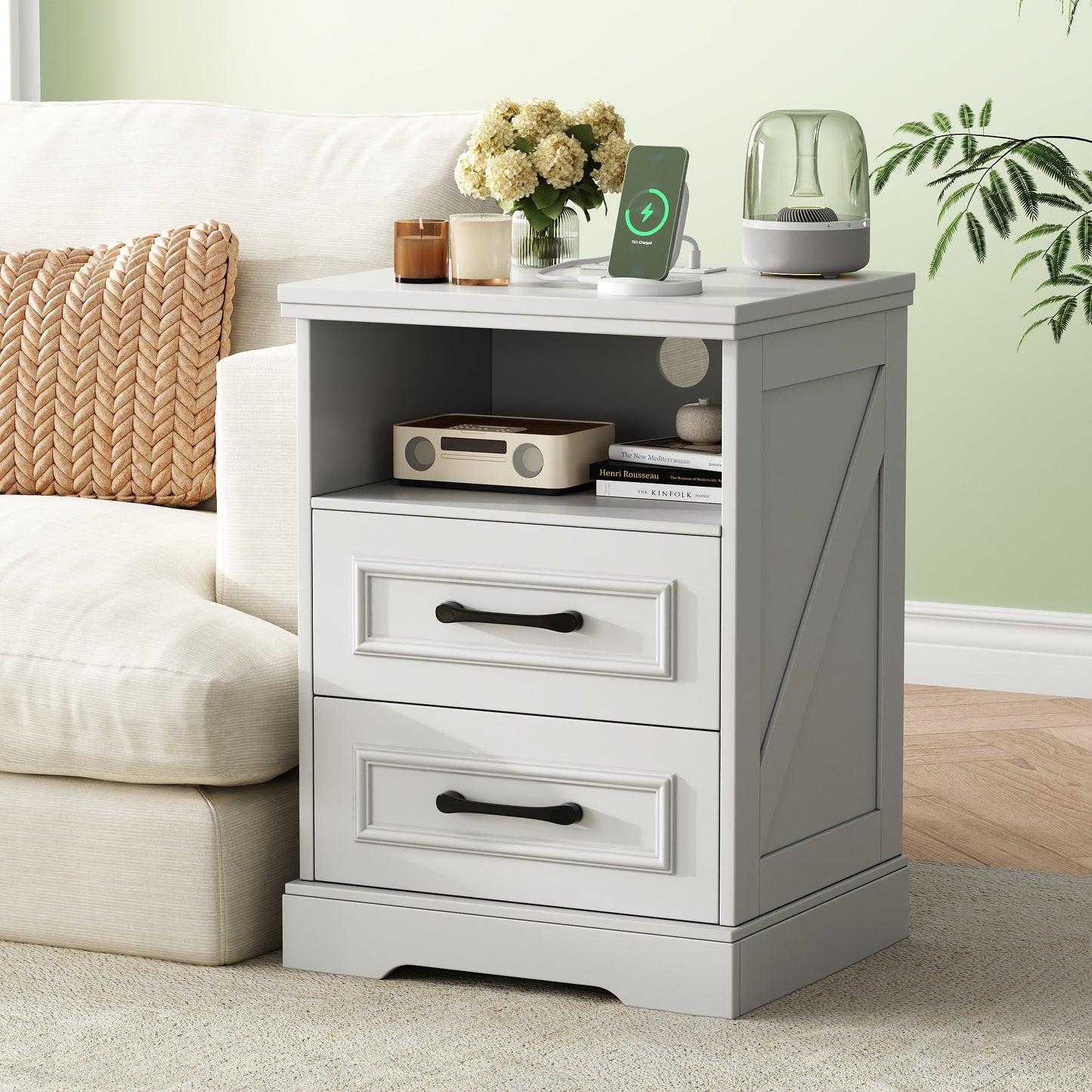 NEGYLIM Nightstand with Drawers for Bedroom, Farmhouse End Table with Charging Station, 2 Drawers Storage for Bedroom, White