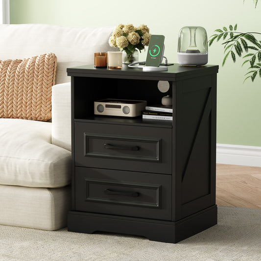 NEGYLIM Nightstand with Drawers for Bedroom, Farmhouse End Table with Charging Station, 2 Drawers Storage for Bedroom