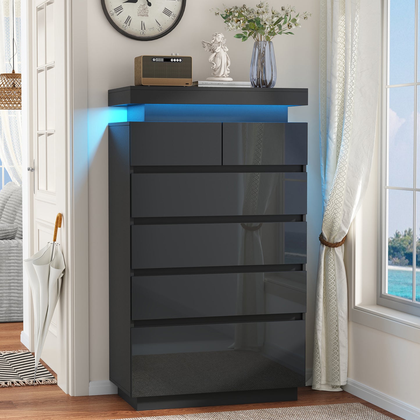 NEGYLIM 6 Drawer Black Dresser, High Gloss Dresser with LED Light for Bedroom, Living Room, Hallway, Easy Assembly