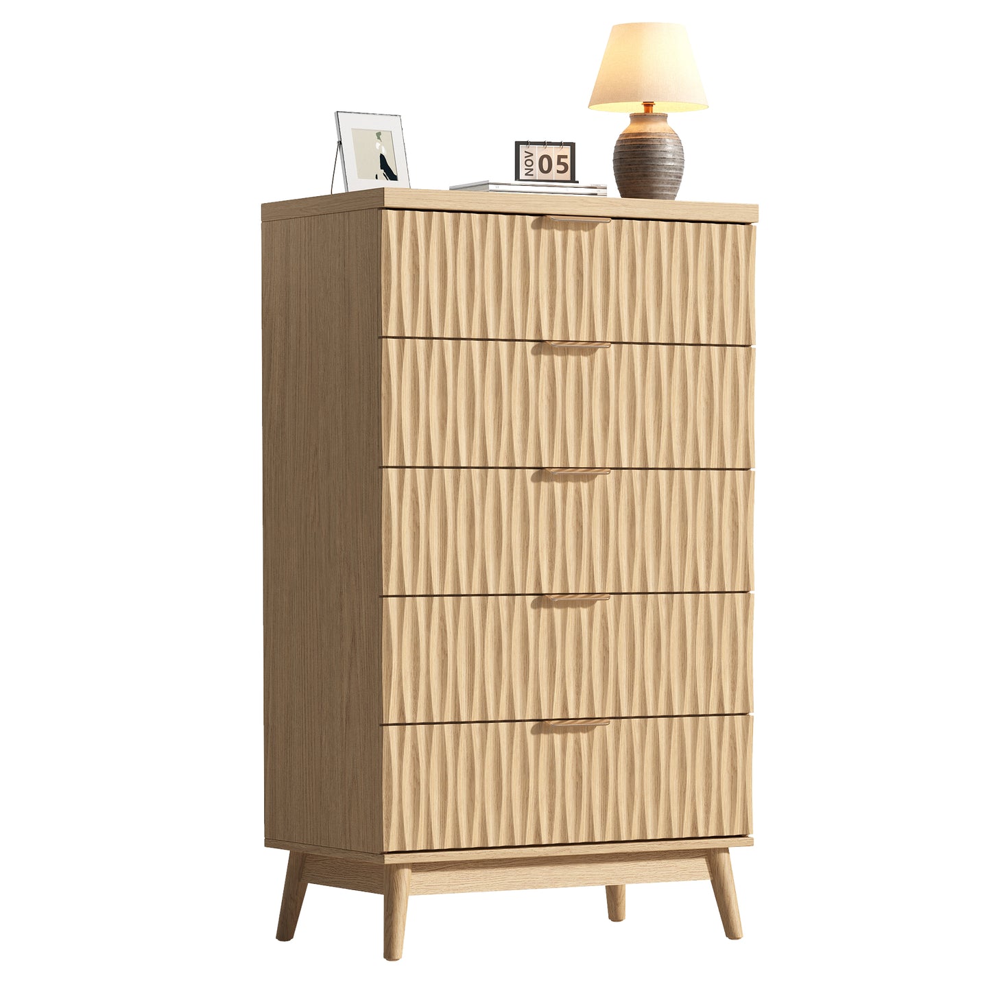 47" Tall 5 Fluted Drawer Dresser, Solid Wood Chest of Drawers with Glossy Handle, Storage Cabinet for Bedroom, Living Room, Entryway