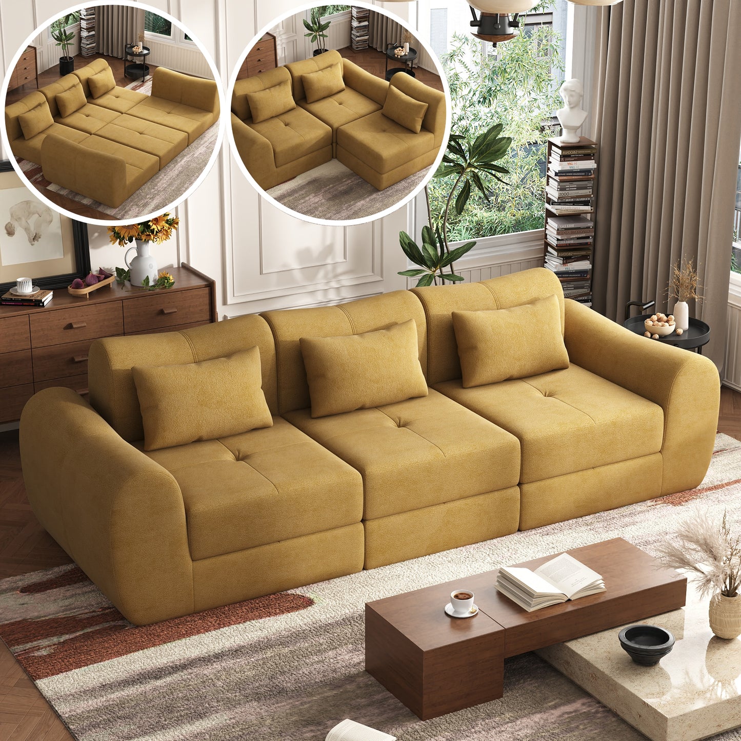 NEGYLIM 102" Modular Sectional Sofa, Chenille Cloud Sofa with Throw Pillows, Oversized Deep Seat Couch, Pet Friendly, No Assembly Required, Mustard Yellow