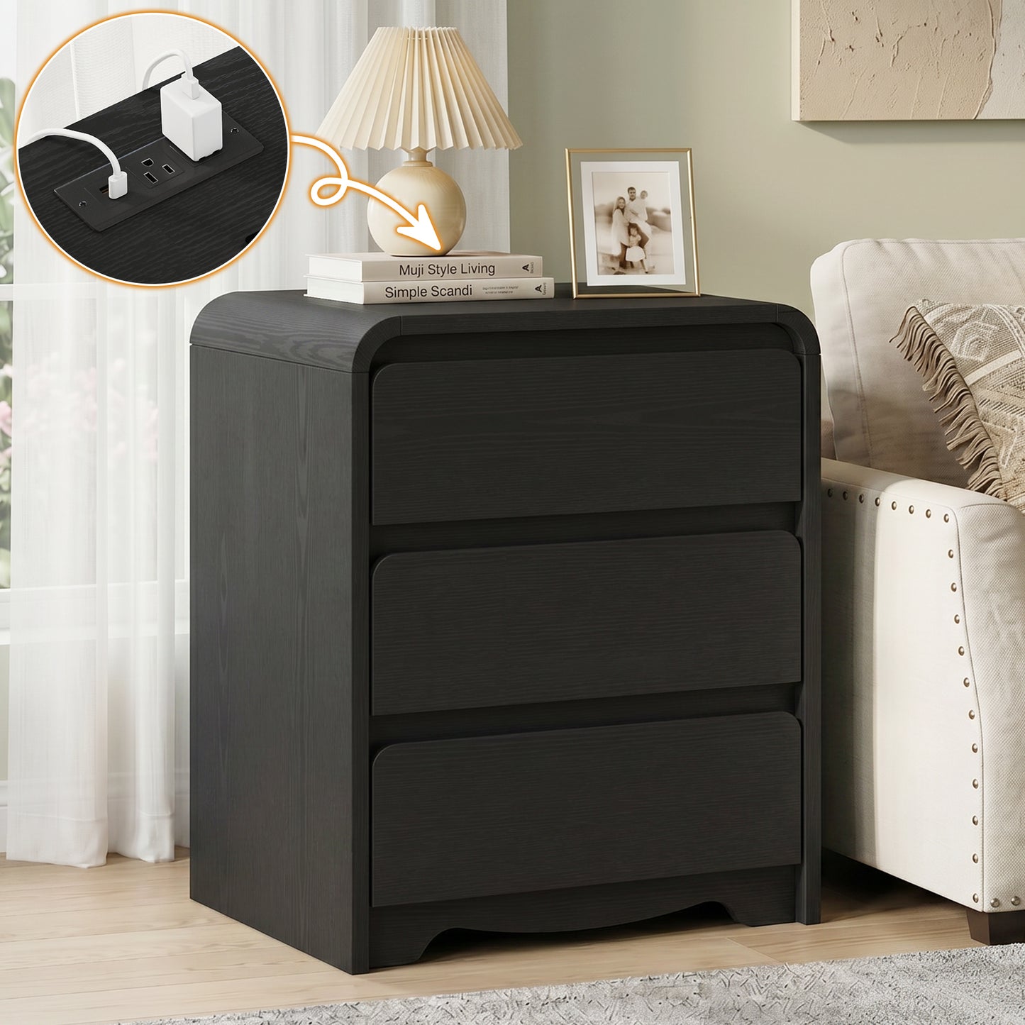 3 Drawers Modern Nightstand with Charging Station, Bedside Table for Bedroom and Living Room, Large Storage End Table with Curved Design, Black