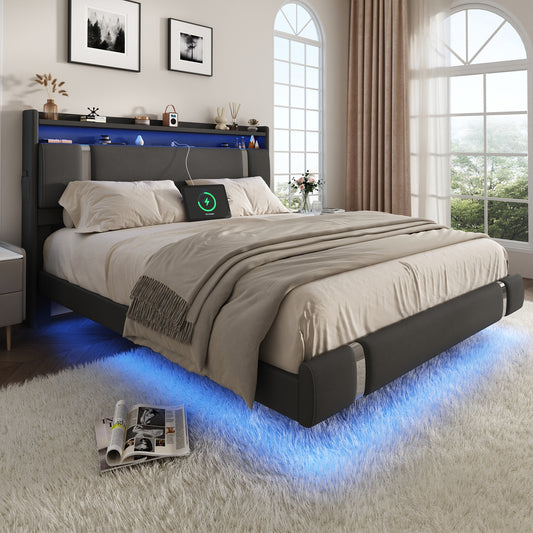 NEGYLIM Floating Bed Frame Queen Size with LED Lights, Easy to Assemble, Metal Platform Bed with Storage Headboard, No Box Spring Needed, Black