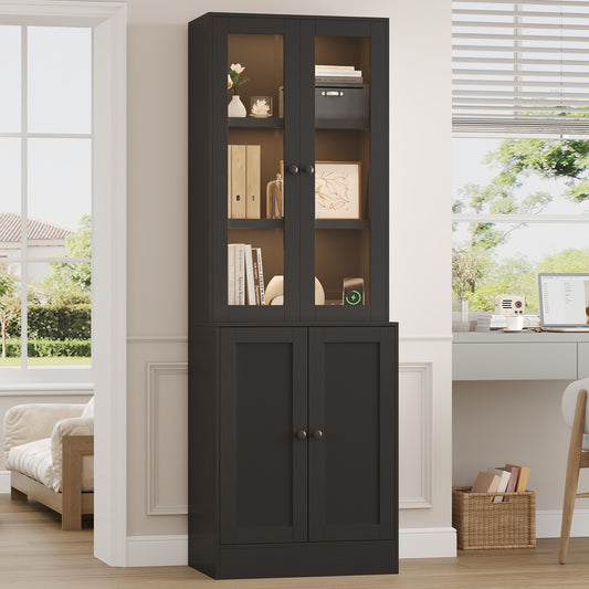 NEGYLIM 71" Bookcase with Glass Door,Display Bookshelves with Charging Station & Adjustable LED Lights,Modern Bookcase for Living Room,Bedroom,Home Office (Black B)