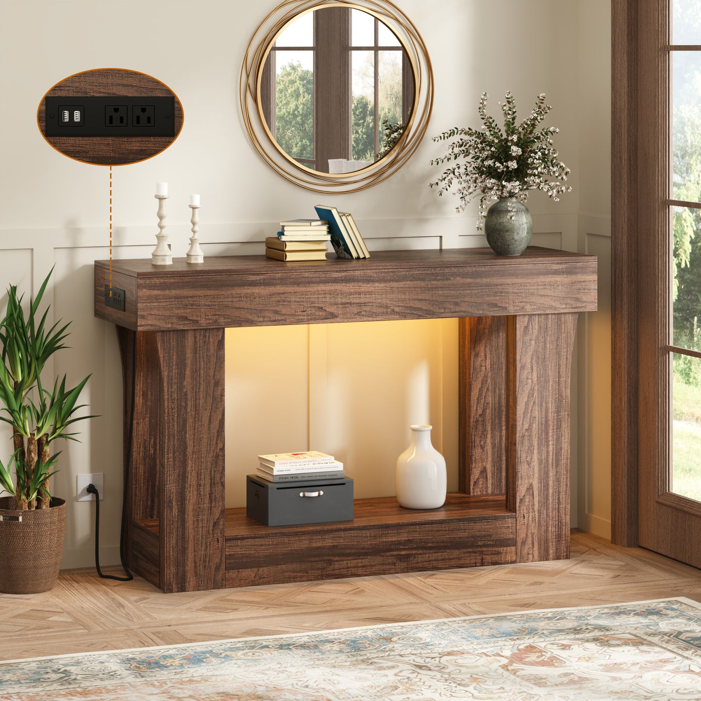 47" Console Table with Charging Station, Farmhouse Natural Entryway & Hallway Table for Living Room & Bedroom, Brown