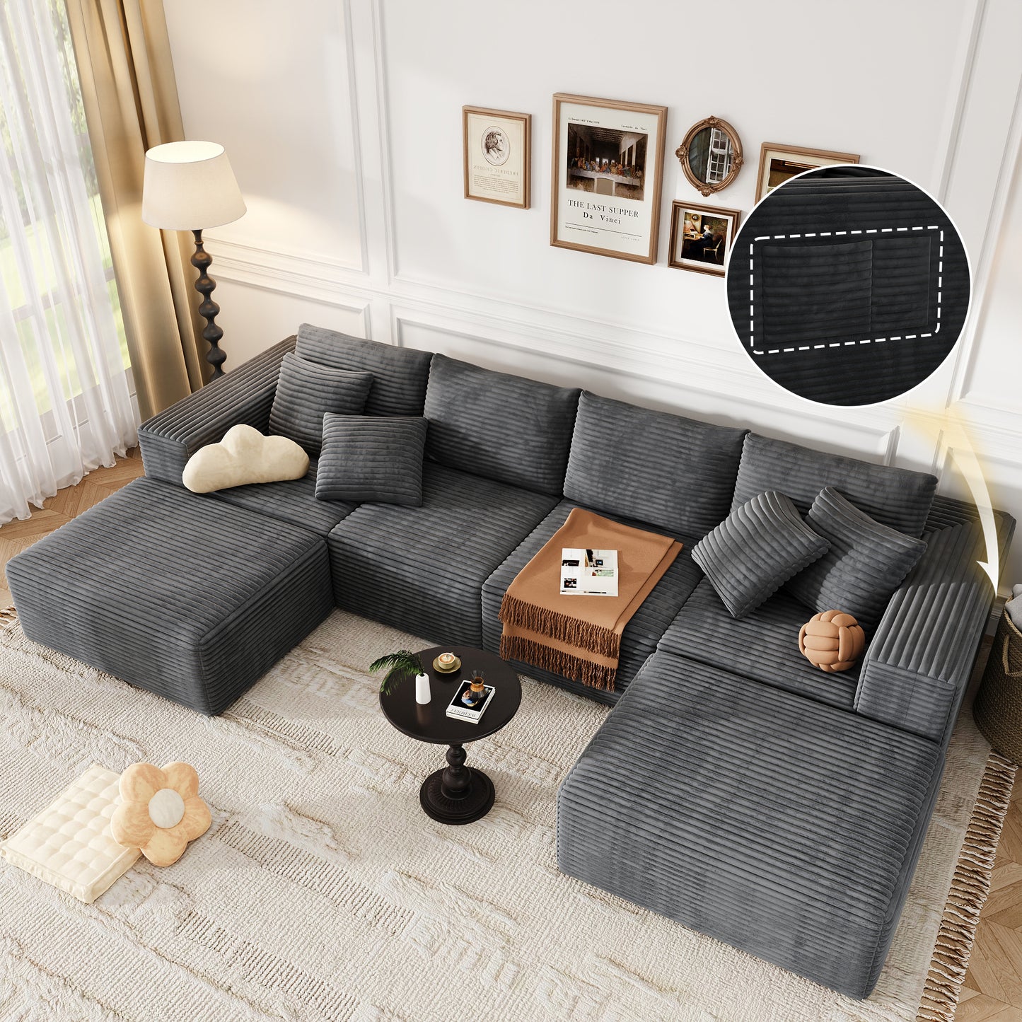 137 inch U-Shaped Sectional Sofa, Cloud-Like Big Modular Couch with Chaise, No Assembly Required, High Density Foam Never Sags, Soft Corduroy Fabric Sofa for Large Space, (White)