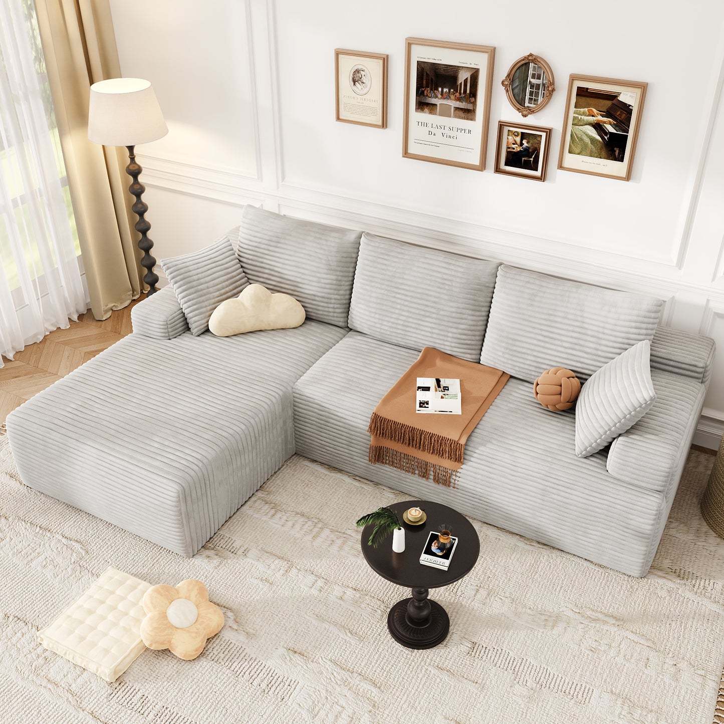 104" Modular L-Shaped Sectional Sofa, No Assembly Required Boneless Sofa with Chaise, High Resilience Foam & Corduroy Fabric, for Living Room Bedroom,(Oyster White)