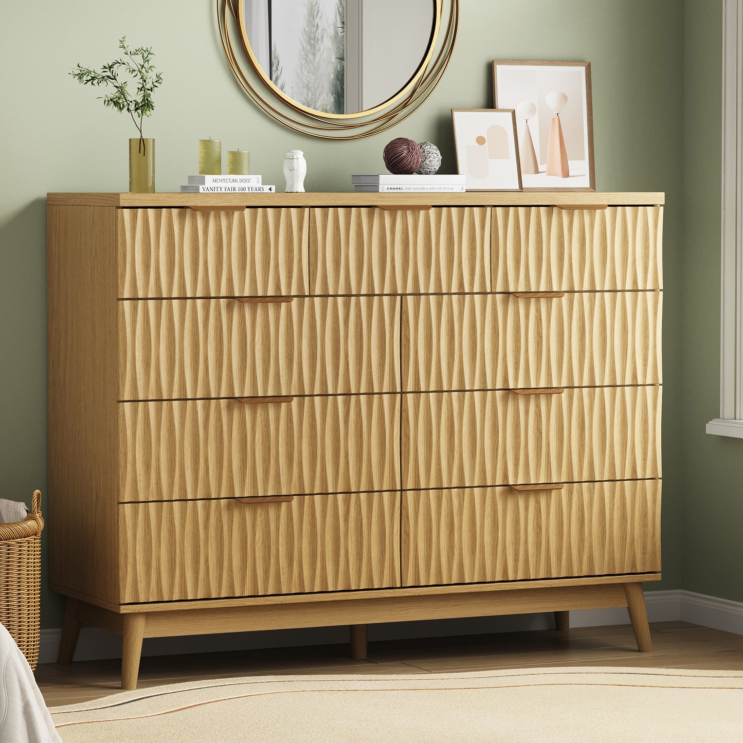 NEGYLIM 47" Wood Dressers with 9 Drawers for Bedroom, Fluted Wood Dresser Chest of Drawers for Bedroom, Storage Cabinet for TV Stand, Living Room, Entryway, Wood