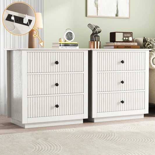Modern Nightstand with Charging Station & 3 Drawers, 24 Inch Wide Bedside Table Set of 2 for Bedroom and Living Room, Large Storage End Table with Fluted Design, White