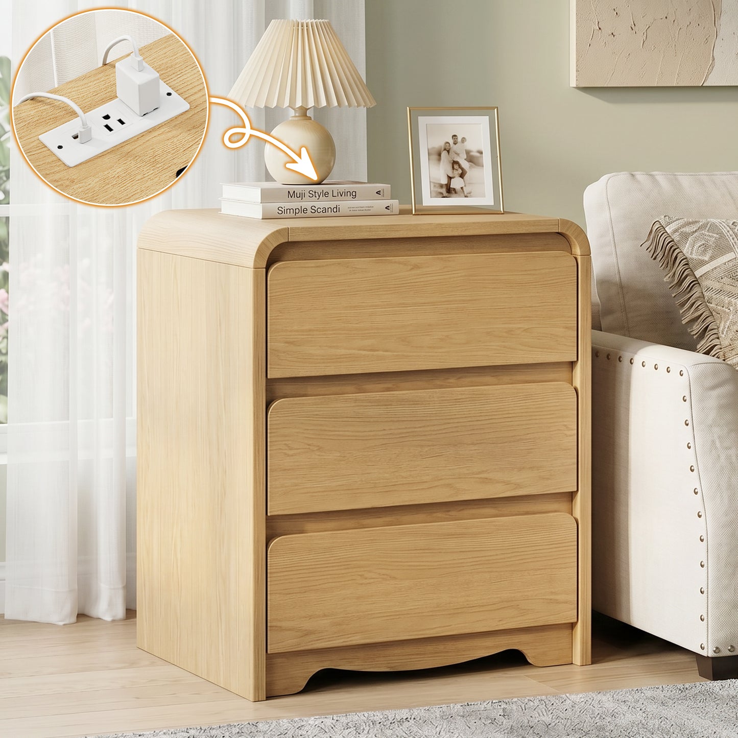 3 Drawers Modern Nightstand with Charging Station, Bedside Table for Bedroom and Living Room, Large Storage End Table with Curved Design, Natural