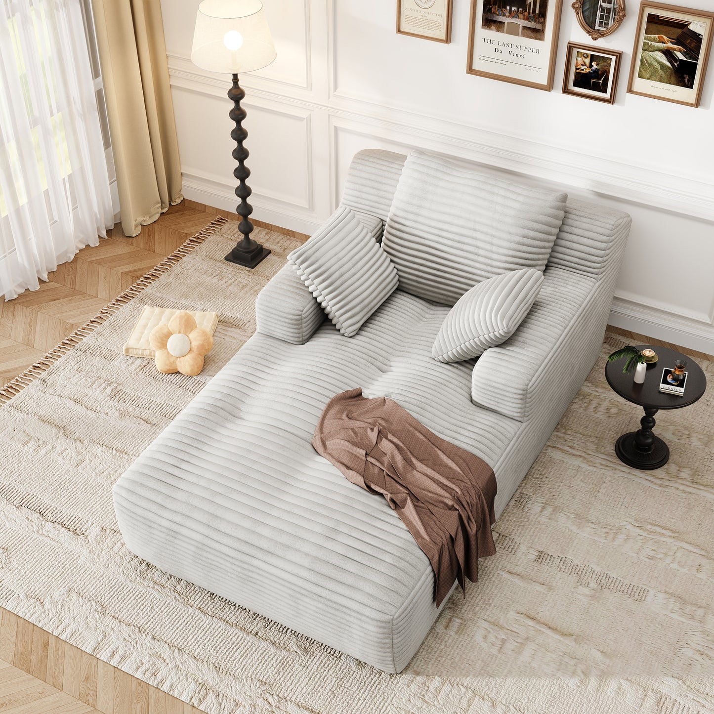 67'' Oversized Chaise Lounge Chair, Cloud Plush Corduroy Sofa Bed for Living Room, Modern Deep Seat Sleeper Couch with Back Cushion, No Assembly Required, (Oyster White)