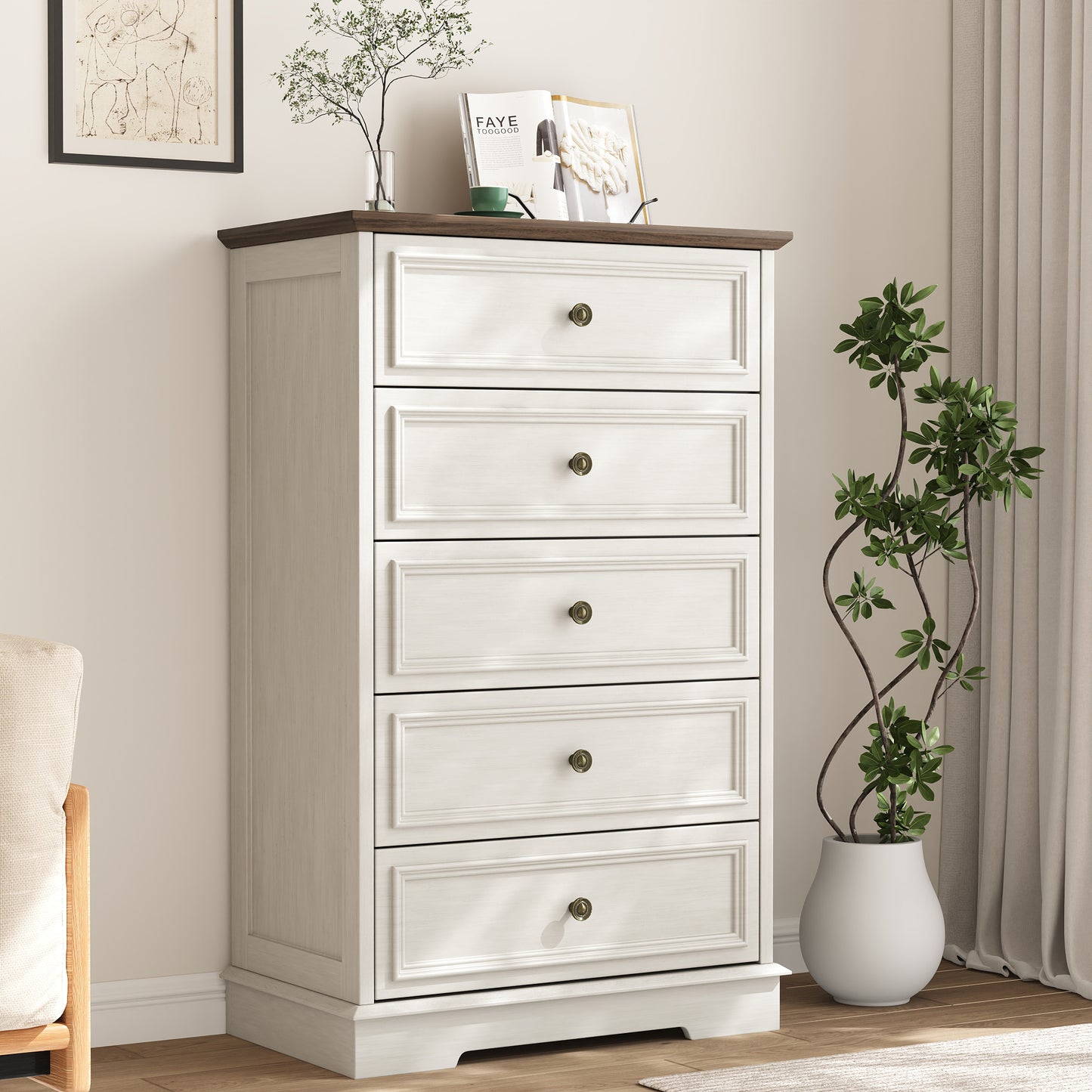 5 Drawer Dresser, Wood Chest of Drawers for Bedroom, Retro Storage Cabinet Dresser Organizer Unit with Antique Bronze Round Handles for Living Room, Closet, Hallway, Entryway