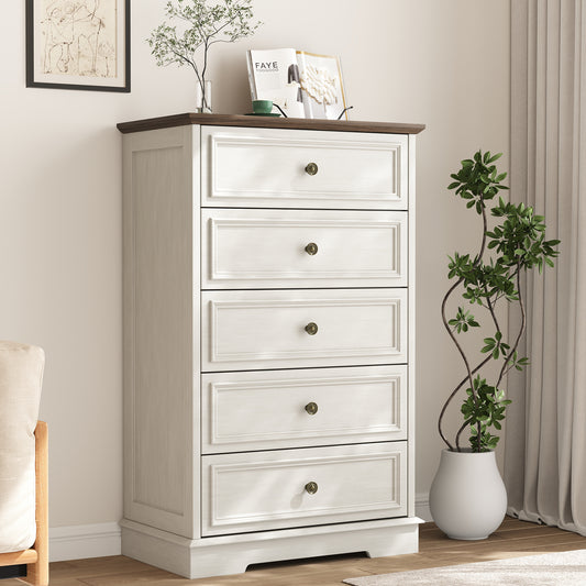5 Drawer Dresser, Wood Chest of Drawers for Bedroom, Retro Storage Cabinet Dresser Organizer Unit with Antique Bronze Round Handles for Living Room, Closet, Hallway, Entryway