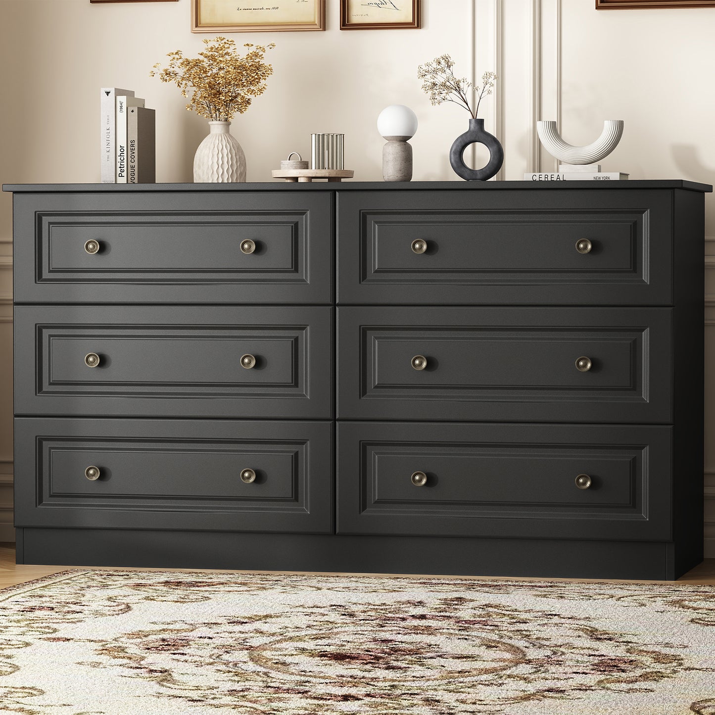 NEGYLIM 6-Drawer Black Dresser, 47-inch Wide Chest for Bedroom Storage, Farmhouse Style with Anti-Tip Safety