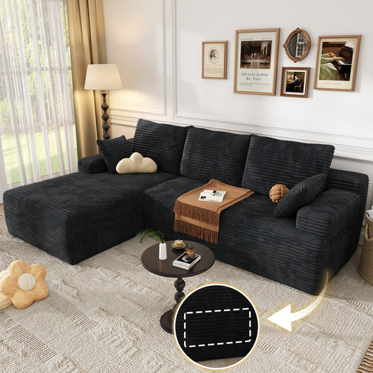 104" Modular L-Shaped Sectional Sofa with Chaise - No Assembly Required Boneless Corduroy Couch, High Resilience Foam, Deep Black