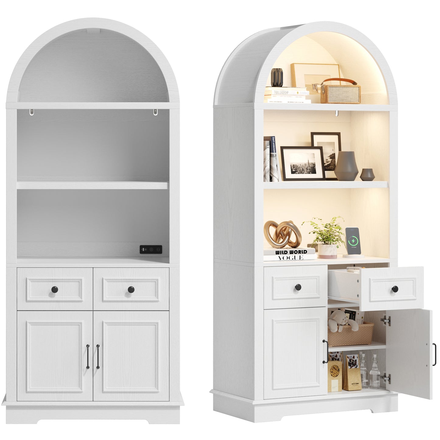 Negylim White Arched Display Coffee Station Cabinet with LED Lights, Freestanding Wooden Storage Unit with Open Shelving, Drawers & Enclosed Cabinet for Kitchen & Living Room Beverage Organizer