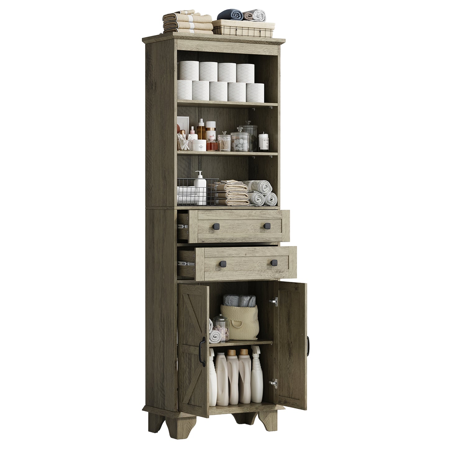 NEGYLIM 72" Tall Bathroom Storage Cabinet, Freestanding Cabinet with Adjustable Shelves, Large Bathroom Pantry Cabinet with 2 Drawers for Living Room, Kitchen, Dining Room, Office, Grey