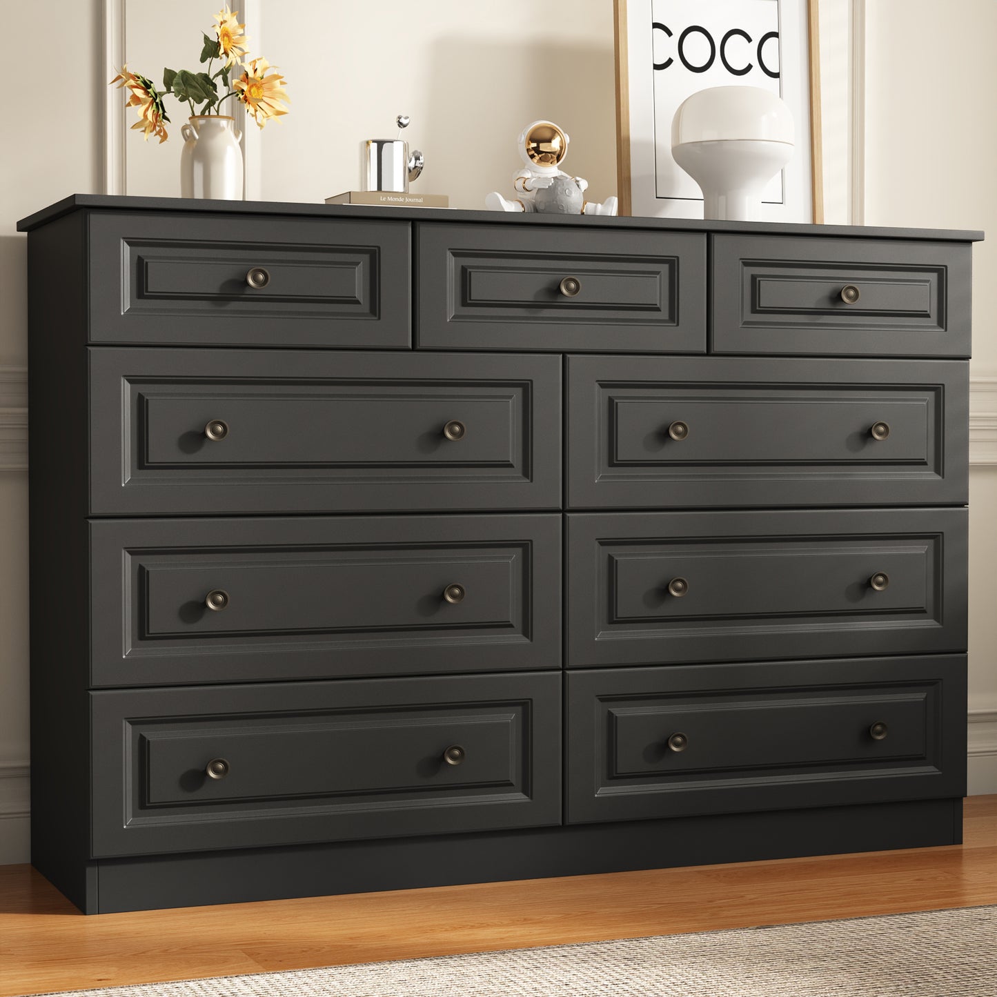 Black 9-Drawer Dresser, 50.39" Wide 37.40" Tall Dresser with Anti-Tip Hardware, Retro Handles, Easy Assembly, Chest of Drawers for Bedroom, Wood Storage Cabinet for Living Room