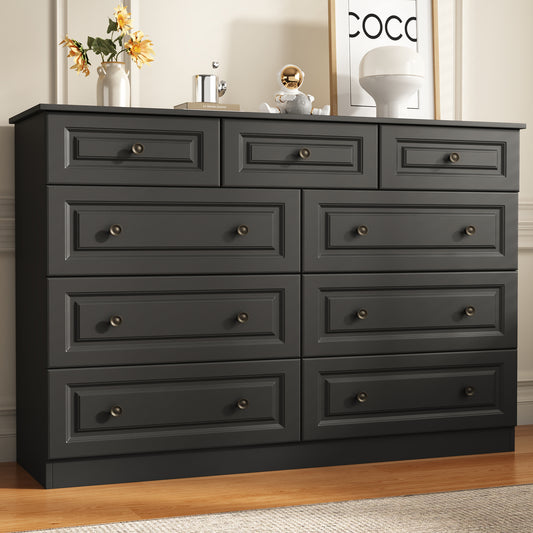 Black 9-Drawer Dresser, 50.39" Wide 37.40" Tall Dresser with Anti-Tip Hardware, Retro Handles, Easy Assembly, Chest of Drawers for Bedroom, Wood Storage Cabinet for Living Room