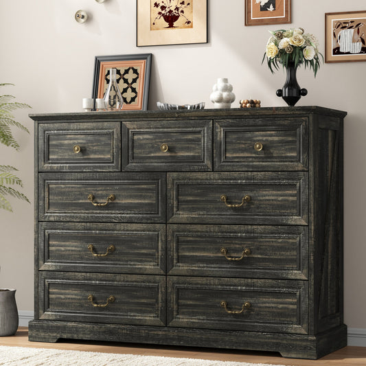 NEGYLIM 9 Drawers Dresser for Bedroom Dressers & Chest of Drawers with Vintage Handles,Long Wooden Dresser for Living Room,Hallway,Study(Dark Rustic Oak)