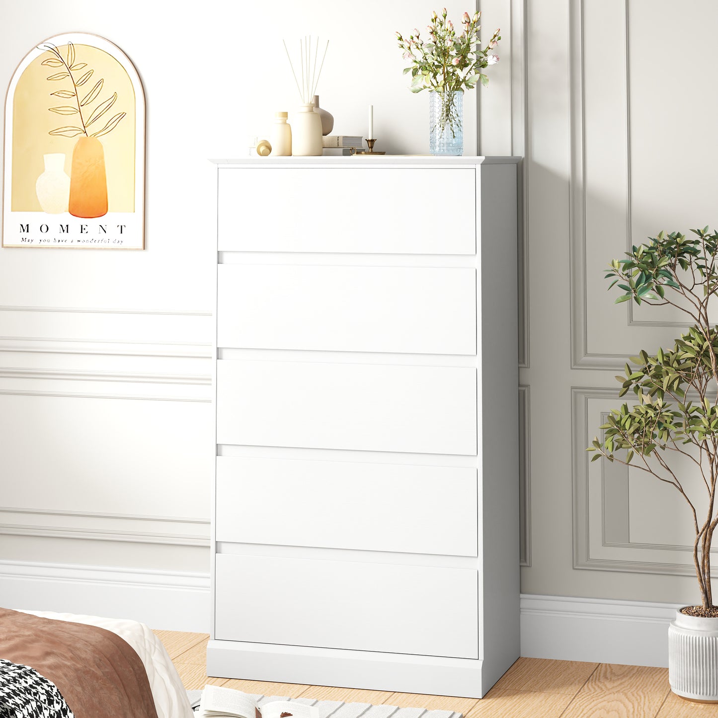 5 Drawer Dresser for Bedroom, 15.8" D x 27.6" W x 48.4" H in Simply Modern Chest of Drawers, Wood Storage Dresser with Deep Drawers for Living Room Hallway Entryway, White
