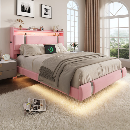 NEGYLIM Floating Bed Frame Twin Size with LED Lights, Easy to Assemble, Metal Platform Bed with Storage Headboard, No Box Spring Needed, Pink