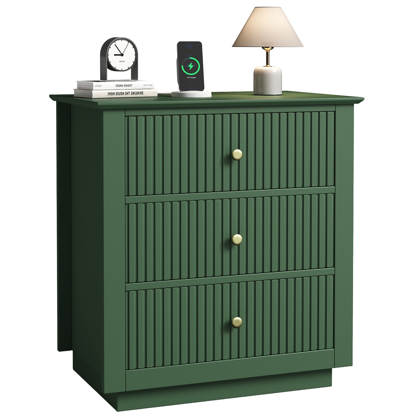 Modern Nightstand with Charging Station & 3 Drawers, 24 Inch Wide Bedside Table Set of 2 for Bedroom and Living Room, Large Storage End Table with Fluted Design, Green