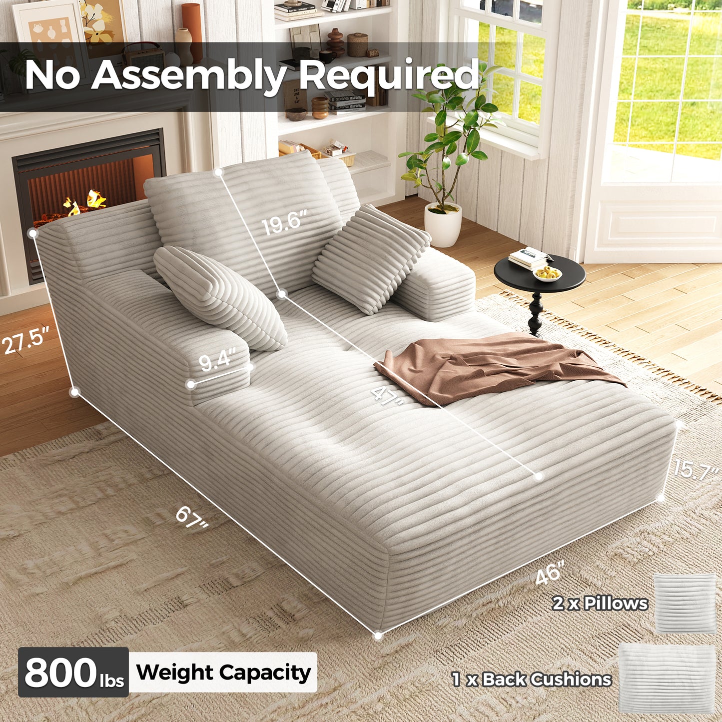 67'' Oversized Chaise Lounge Chair, Cloud Plush Corduroy Sofa Bed for Living Room, Modern Deep Seat Sleeper Couch with Back Cushion, No Assembly Required, (Oyster White)