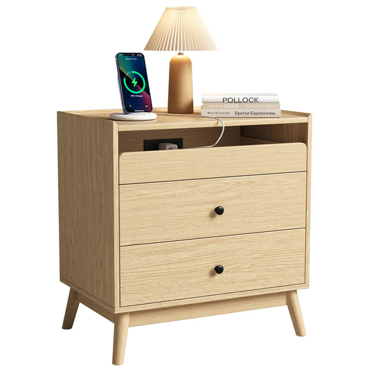 NEGYLIM 3-Drawer Nightstand with Hidden Charging Station, Wood Bedside Table 25" Height x 24" Width, Bedroom Furniture End Table, 2-Pcs