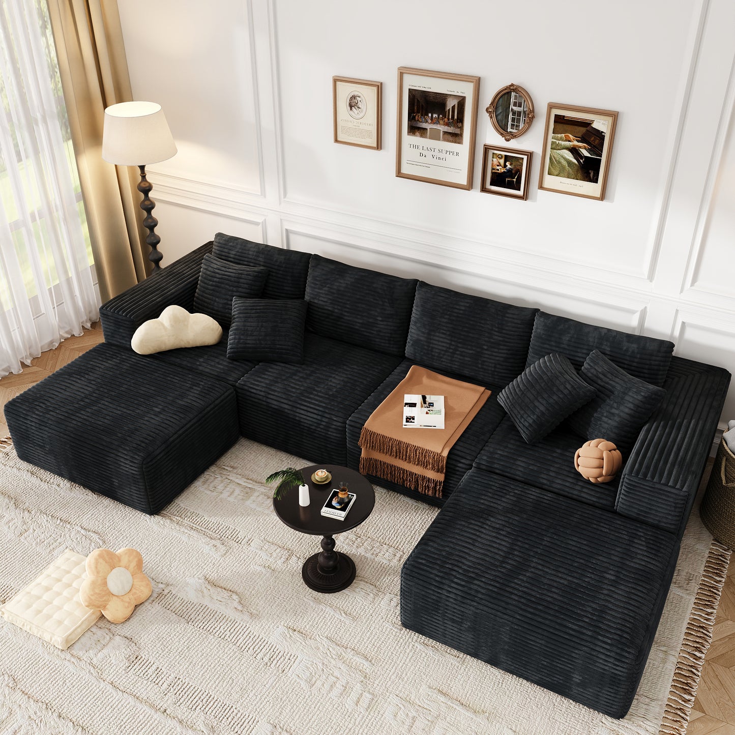 137 inch U-Shaped Sectional Sofa, Cloud-Like Big Modular Couch with Chaise, No Assembly Required, High Density Foam Never Sags, Soft Corduroy Fabric Sofa for Large Space, (Black)